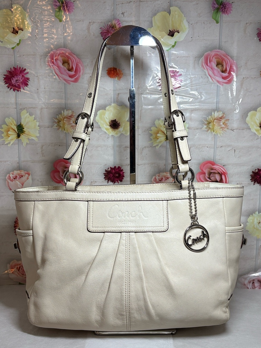 Coach Cream Leather Shoulder Bag with Charm